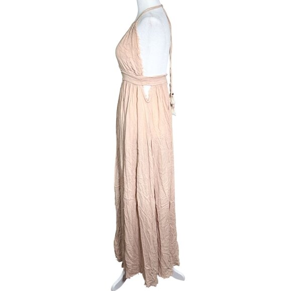 Free People Womens Dress M/L Light Pink Halter Maxi Tassel Tie Back Beachy Boho - Picture 3 of 9